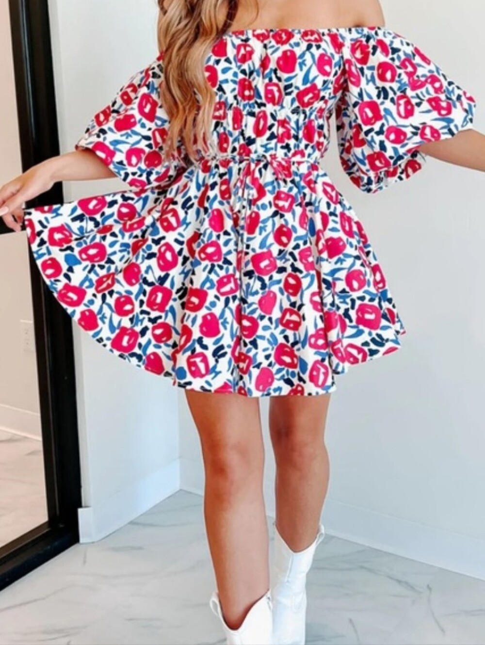 TALULAH Off-Shoulder Pink and White Floral Mini Dress